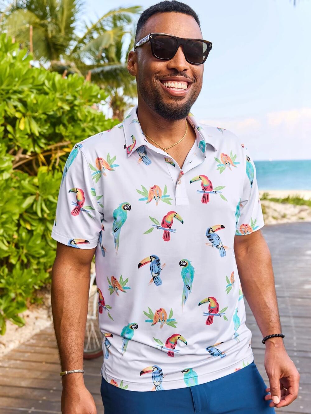 Chubbies The Birds Of Polodise Performance Polo Shirt XL White Parrot Toucan